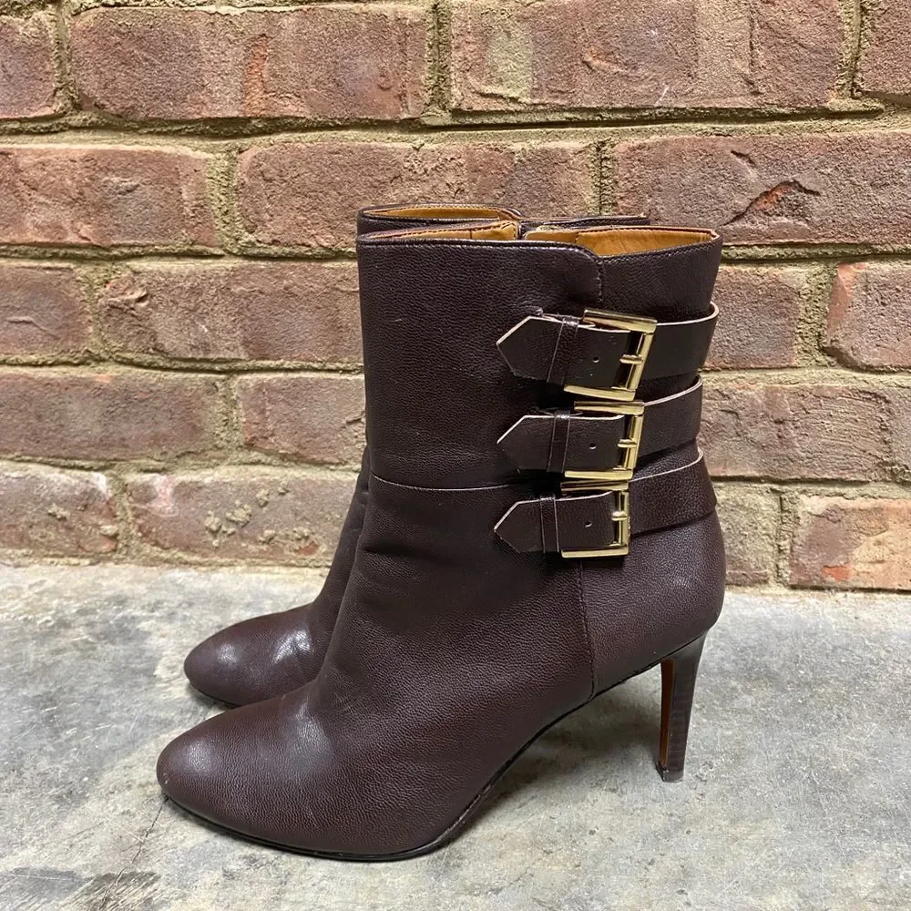 Nine West Brown Leather Buckle Heeled Bootie Size 8.5